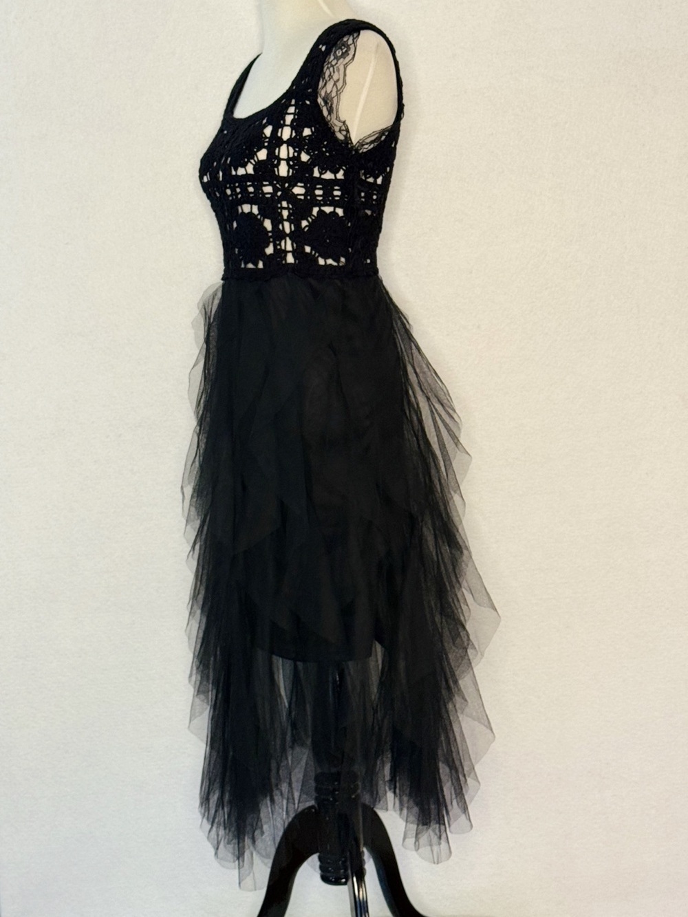 POL One Black Crochet Lace Tulle High Low Dress Boho Fairycore Romantic Gothic - Picture 6 of 12